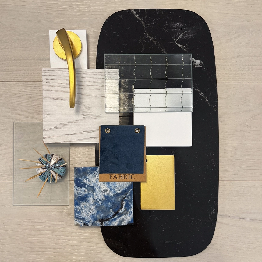 moodboard de matières et accessoires disponibles chez mirà